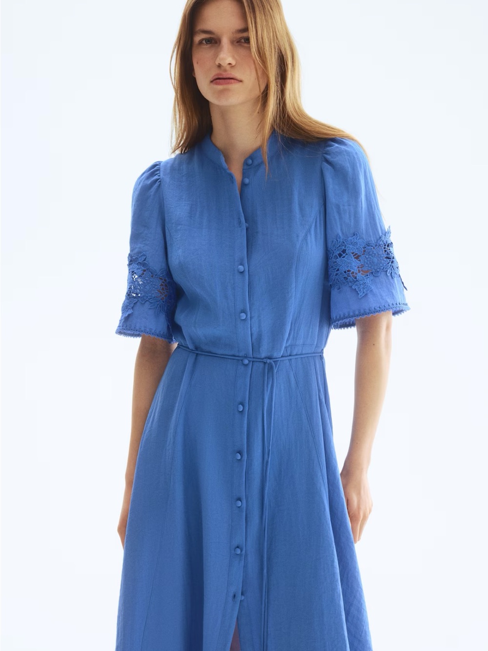 Blue Button-Front Midi Dress with Lace Sleeve Detail